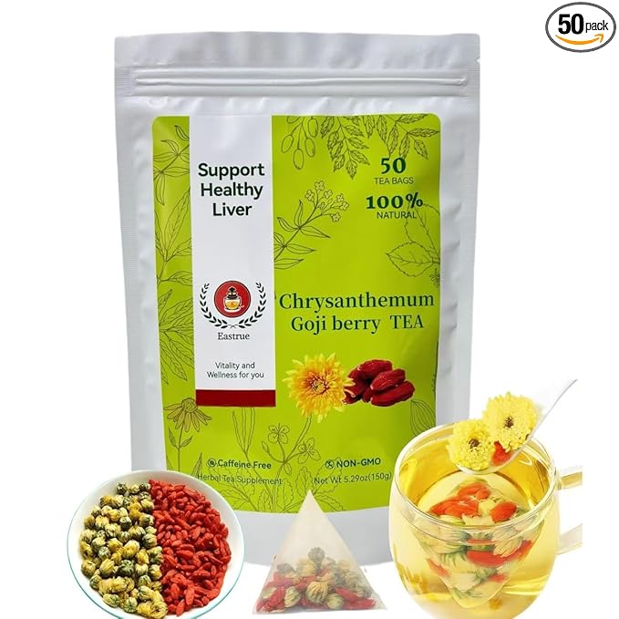 Eastrue Organic Goji Berry & Chrysanthemum Herbal Tea,50 Tea Bags,Stress Relief & Better Sleep,Non-GMO,Caffeine-Free