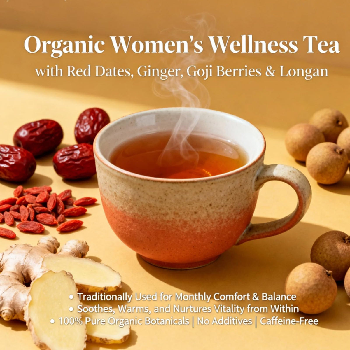 Harbique Organic Ginger Herbal Tea with Jujube(Red Date), Goji Berry & Longan – Caffeine Free Wellness Tea for Women, 25 Ct