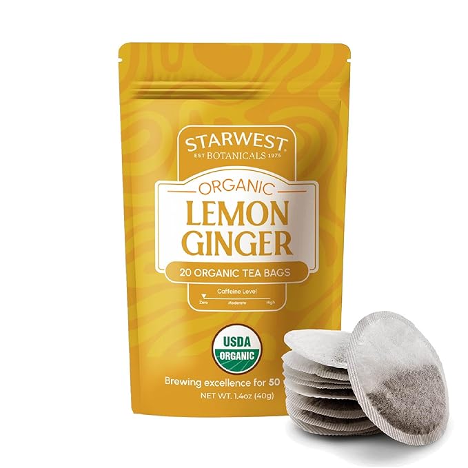 Starwest Botanicals Organic Lemon Ginger Tea - Caffeine Free Herbal Blend for Women & Men, Lemongrass, Ginger Root, & Peppermint Leaf
