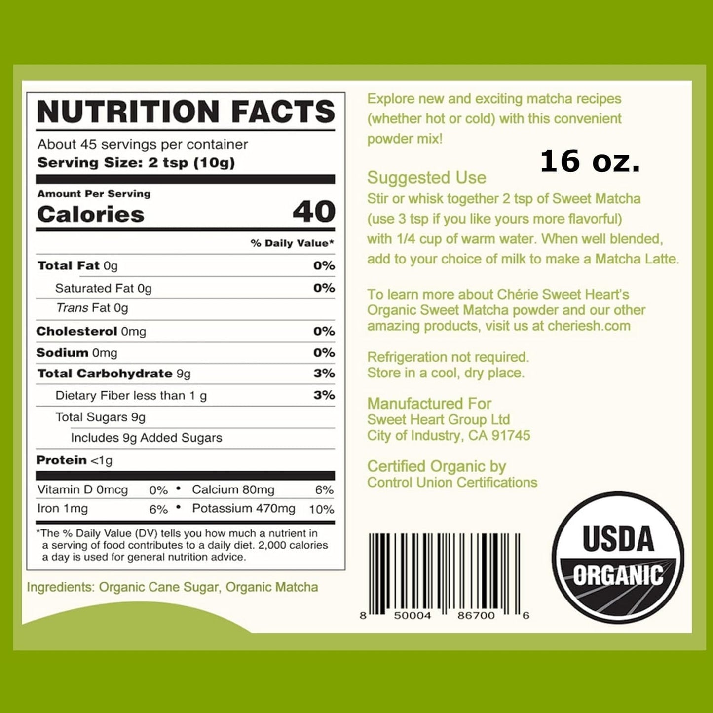 Organic Sweet Matcha Green Tea Powder - Cafe Style Blend by Cherie Sweet Heart - 16oz, Vegan & Gluten-Free, Rich in Antioxidants, Perfect for Lattes, Smoothies & Baking