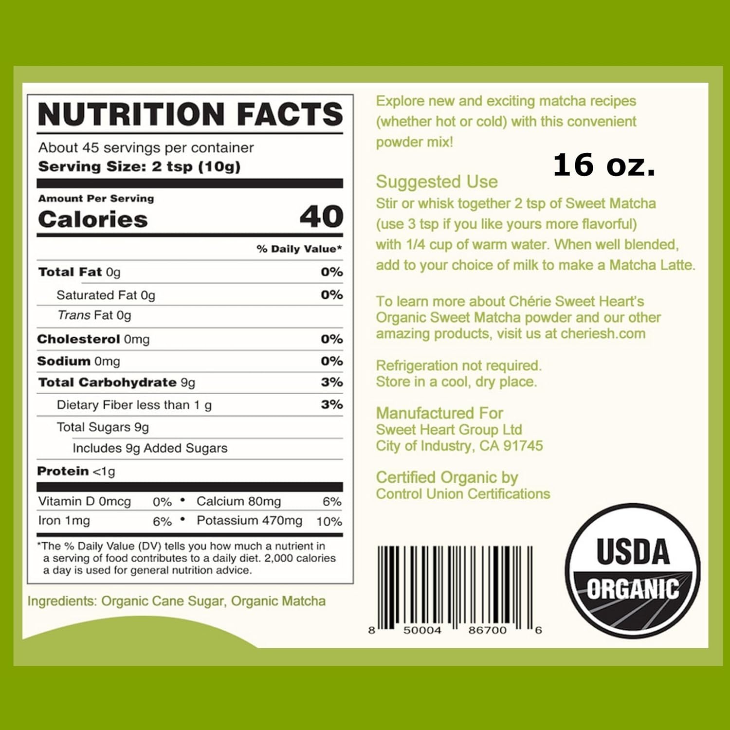Organic Sweet Matcha Green Tea Powder - Cafe Style Blend by Cherie Sweet Heart - 16oz, Vegan & Gluten-Free, Rich in Antioxidants, Perfect for Lattes, Smoothies & Baking