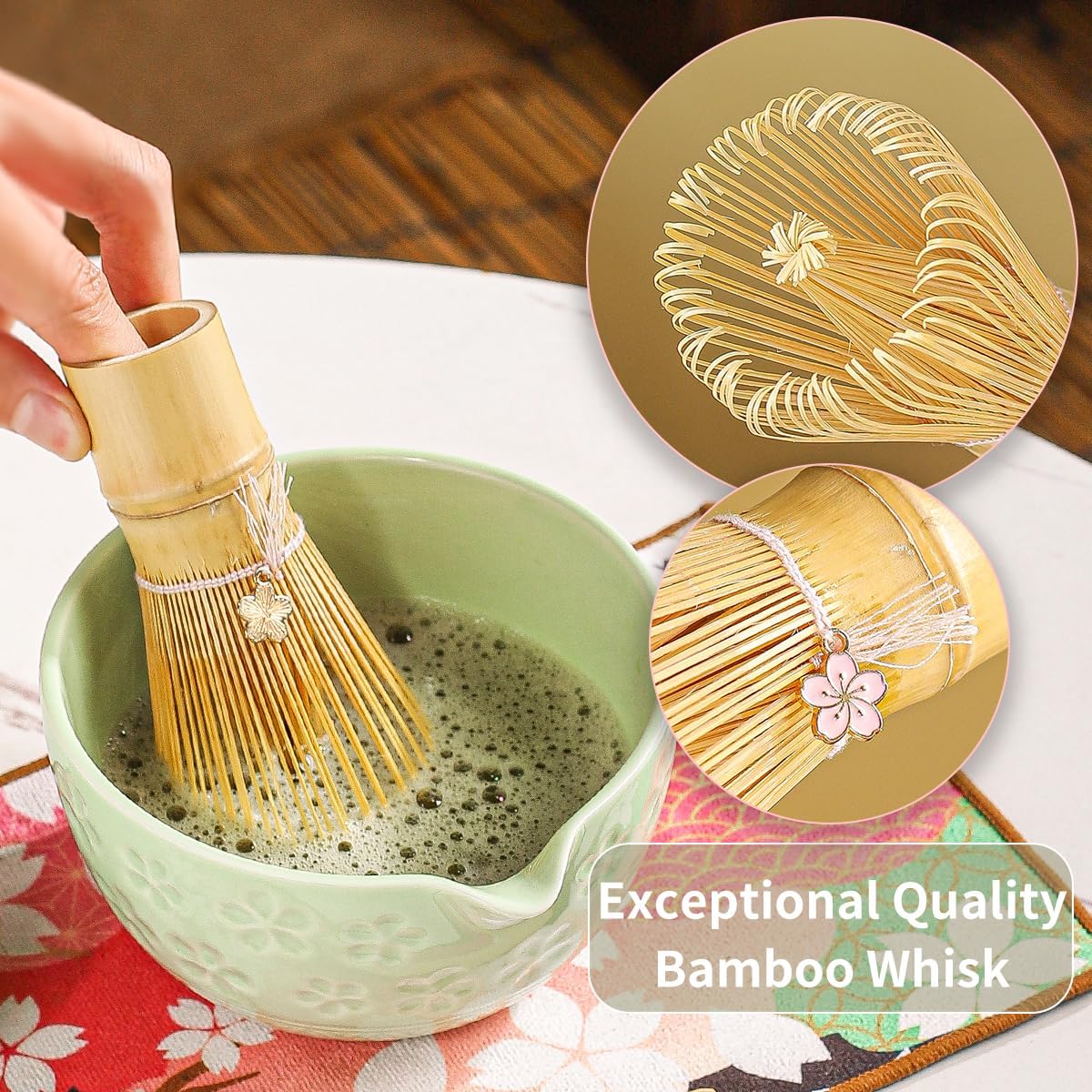 8-Piece Matcha Ceremony Set - Tea Kit with Cherry Blossom Bowl, Bamboo Whisk, Wood Scoops, Tea Cloth &amp; Floral Display - Gift-Ready Pink Cherry color box (green)