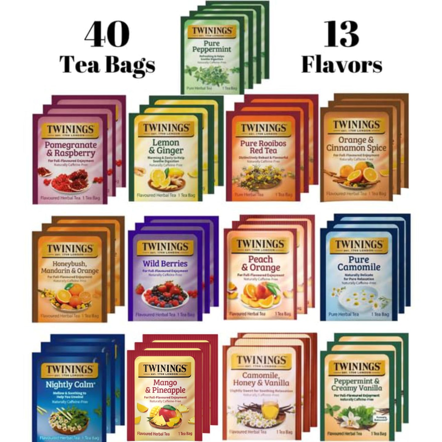 Twinings Herbal Tea Variety Pack, 40 Count, 13 Flavor Sampler | 13 Herbal Flavors, Individually Wrapped, Caffeine Free, Tea Gift Set