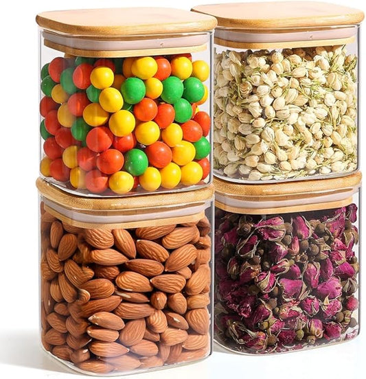 ComSaf 0.7 Qt Glass Food Storage Jars Set of 4, Clear Glass Storage Containers with Lids, Pantry Organization Jar, Spice Jar, Blooming Tea