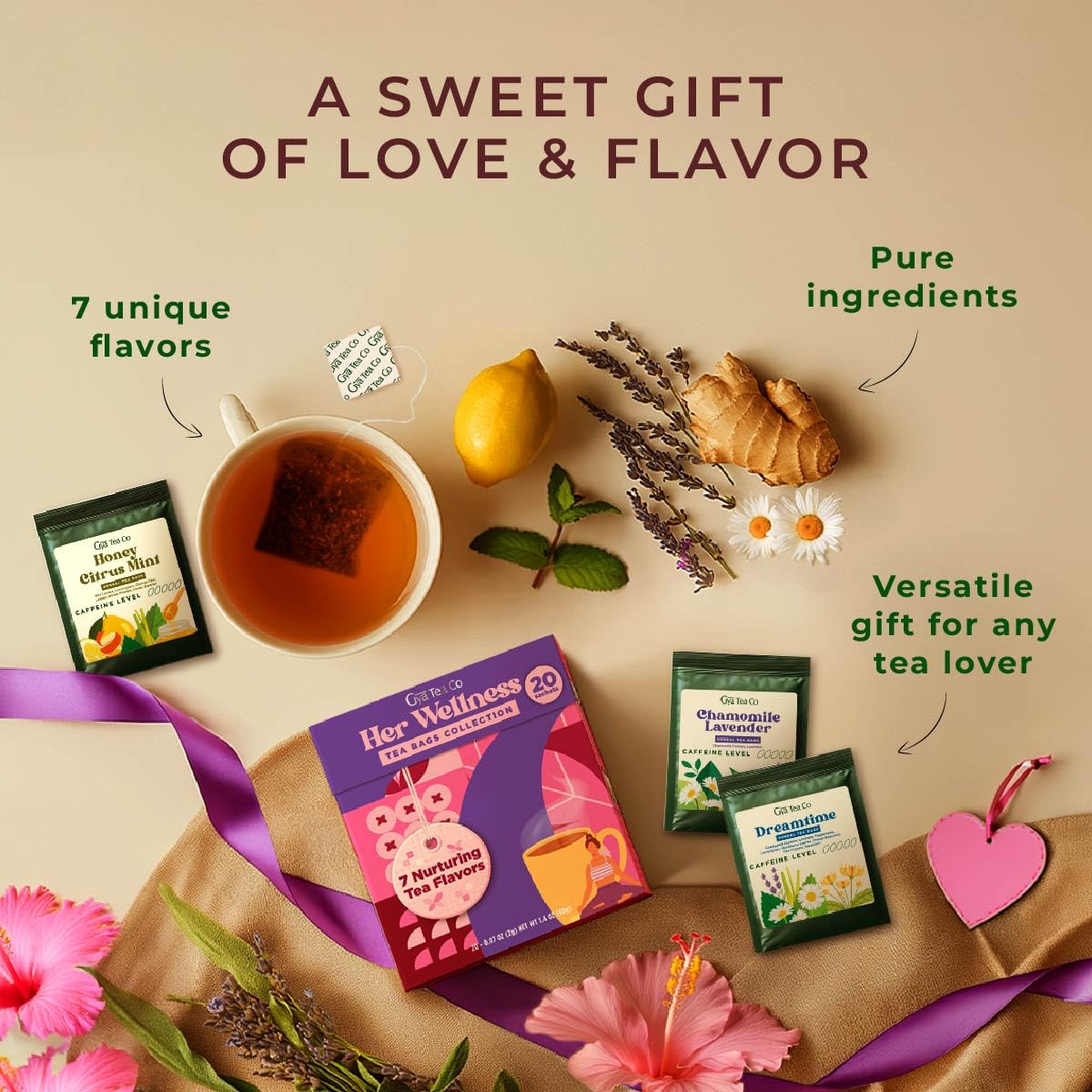 Her Wellness Tea Bags Gift Set (20 Count) - 7 Flavors Assorted Variety Pack | Caffeinated &amp; Caffeine Free Holiday Tea Sampler Gifts Box - Easy Brew, Natural Ingredients, Non-GMO, Enjoy Hot or Iced