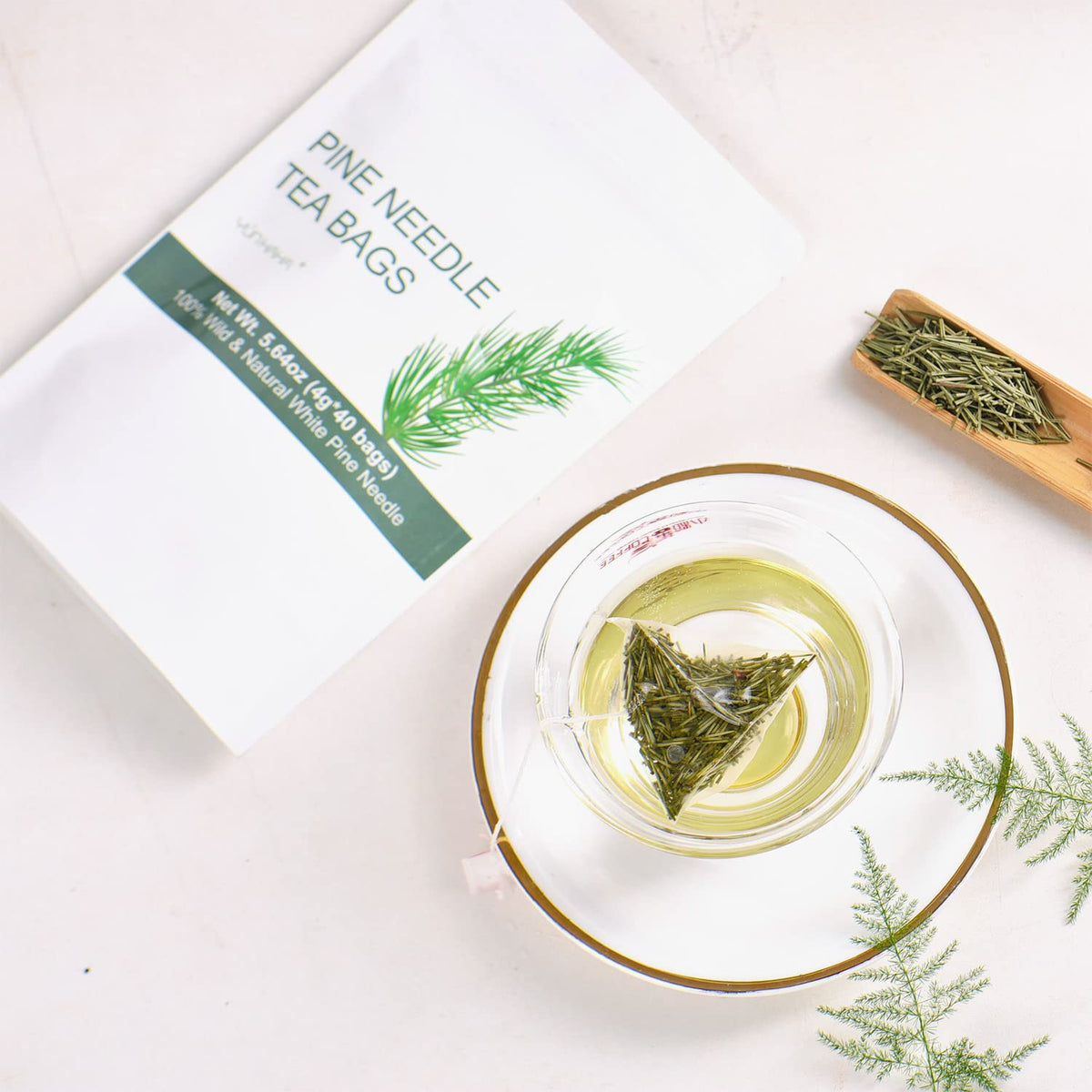 YUNHAHA Wild Dried White Pine Needle Tea- 40 bags, 4g/bag- 100% Natural Pure Pine Needles Herbal Tea - Caffeine free- Cut &