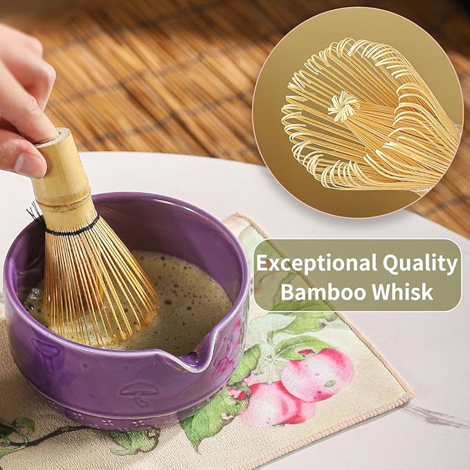 Matcha Set, 8-Piece Ceramic Matcha Bowl & Whisk Kit with Mushroom Pattern, Traditional Japanese Chawan, Bamboo Chasen, Scoop & Sifter