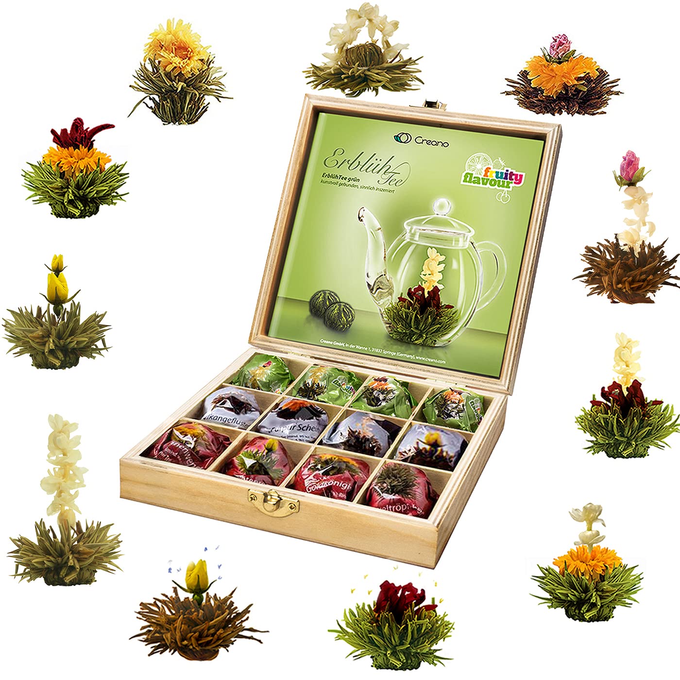 Creano Abloom Tea - Blooming Gift Set in Wooden Box - 12pcs Green, White & Black Tea
