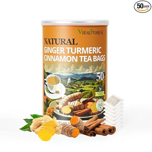 50 Premium Turmeric Ginger Cinnamon Tea Bags, Vitalforest Natural Ginger Tea Bags, Pure Turmeric Tea, Herbal Cinnamon Tea, Supports Digestion