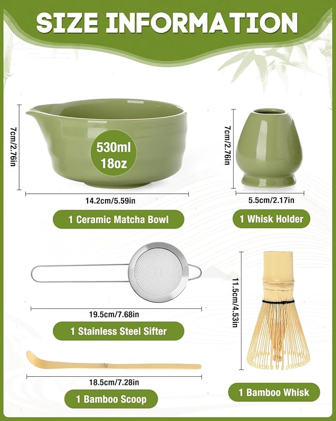Matcha Whisk Set - 5PCS Matcha Set Includes 17OZ Chawan with Spout, Bamboo Chasen Whisk with Ceramic Holder, Mat cha Scoop and Stainless Sifter