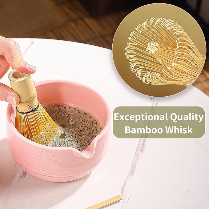 Matcha Tea Set, 5-Piece Ceramic Matcha Bowl & Whisk Kit with Cute Cat Pattern, Traditional Japanese Chawan, Scoop & Sifter, Perfect for Tea Ceremony