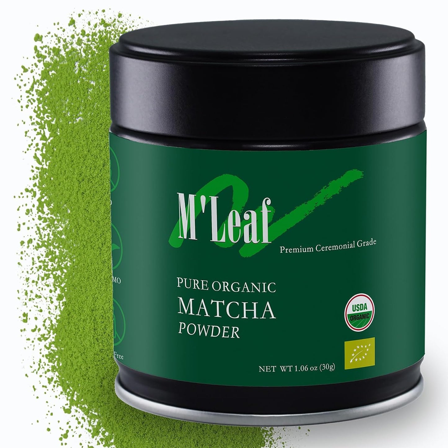 M'leaf Matcha Powder-Organic,Ceremonial Grade,Authentic 1st Harvest,Unsweetened,USDA,No Additives,Air-tight Tin，low-caffeine(1.06oz/30g)