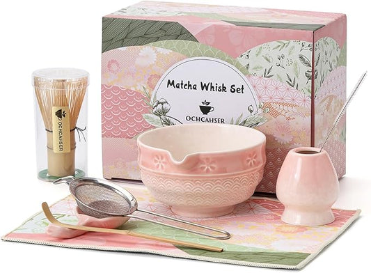 Matcha Tea Set, 8 Pcs Japanese Matcha Kit with Cherry Blossom and Wave Design Ceramic Bowl, Bamboo Whisk, Whisk Holder, Scoop, Sifter, Brush, Matcha Kit Set for Matcha Lovers (Pink Gradient)