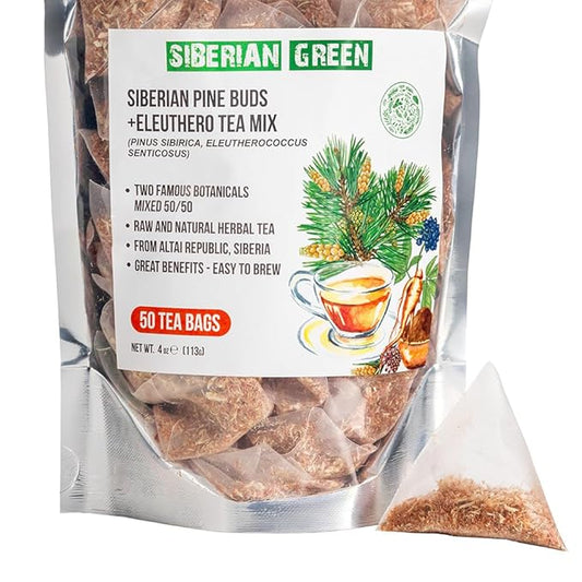 Siberian Green Ginseng Root Tea with Siberian Pine Tree Buds – 50-Pack Herbal Tea Bags – Pure and Natural Botanical Pine Eleuthero Ingredients