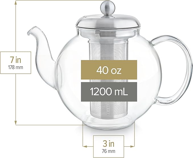 Teabloom Heritage Borosilicate Glass Teapot – 40 oz Classic Round Design with Stainless Steel Infuser – Stovetop Safe, Drip-Free Spout