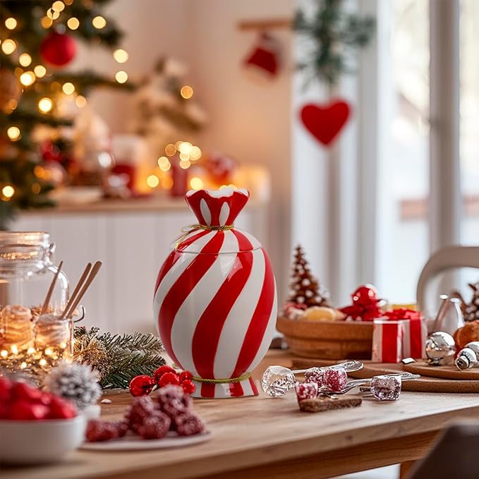 Christmas Ceramic Food Storage Jars with Lid, 24.7 OZ Hand printed Xmas Candy Jar Coffee Cookie Container for Snacks, Sugar Containers, Tea, Spice, Cereal, Nut - 700ml