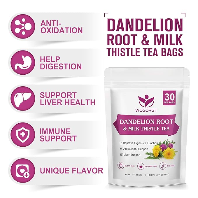 Dried Dandelion Root with Milk Thistle Tea - Natural Dandelion Root and Milk Thistle Herbal Tea bags, Antioxidant and Immune Support, Caffeine Free