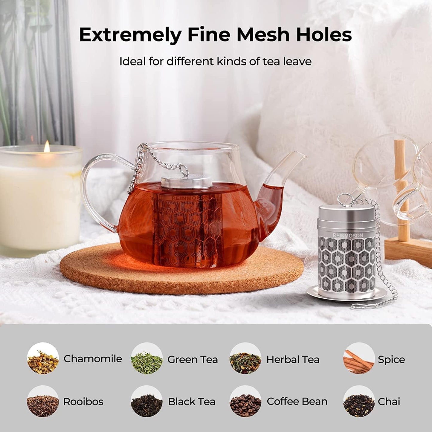 2 Pack Reinmoson 304 Stainless Steel Tea Strainers for Loose Tea 1.5”x2.2” | Extra Fine Mesh Tea Infuser for Loose Leaf Tea Steeper, Updated Slim Threaded Lid Tea Ball for Cup, Mug, Teapot, Kettle