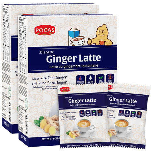 Pocas Ginger Latte Instant Tea 2-Pack, Ginger Extract Blended with Non-Dairy Creamer, Pure Cane Sugar, and Real Milk, 20 Packets per Box