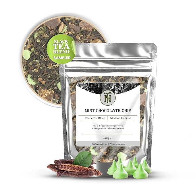 Nelson's Tea - Mint Chocolate Chip - Black Loose Leaf Tea - Pu-erh black tea, spearmint leaf, carob bean pods, mint chocolate chips, and natural flavoring (Sample 0.4 Oz)