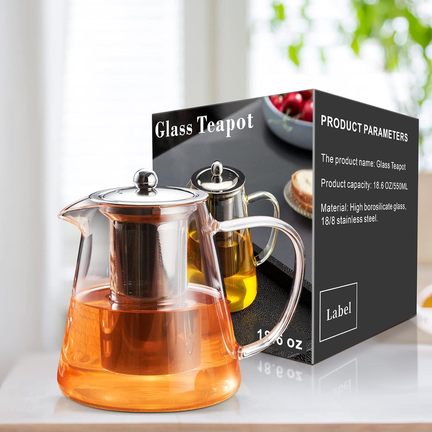PARACITY Glass Teapot Stovetop 18.6 OZ, Borosilicate Clear Tea Kettle with Removable 18/8 Stainless Steel Infuser, Teapot Blooming and Loose Leaf Tea Maker Tea Brewer for Camping, Travel (550ML) | Tea infuser &amp; tea strainer. Blooming tea; clear teapot