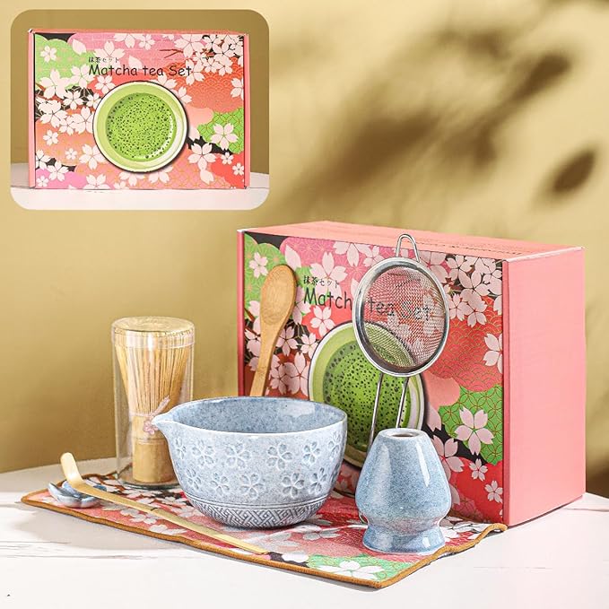 8-Piece Matcha Ceremony Set - Tea Kit with Cherry Blossom Bowl, Bamboo Whisk, Wood Scoops, Tea Cloth
