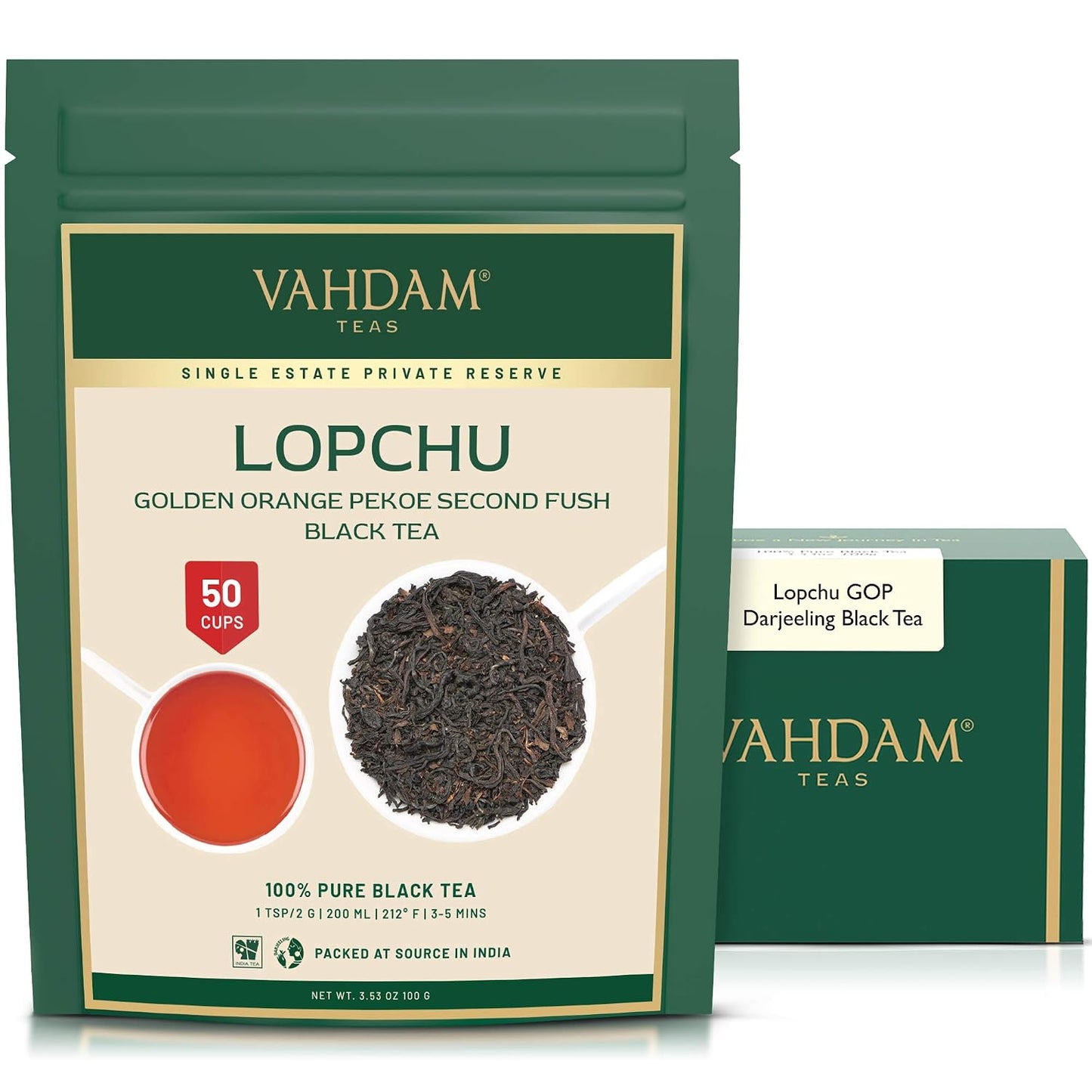 VAHDAM, Second Lopchu Golden Orange Pekoe Black Tea, 40+ cups, 3.53 oz, Pure 100% Unblended Darjeeling Black Tea Loose Leaf, Single Estate Tea