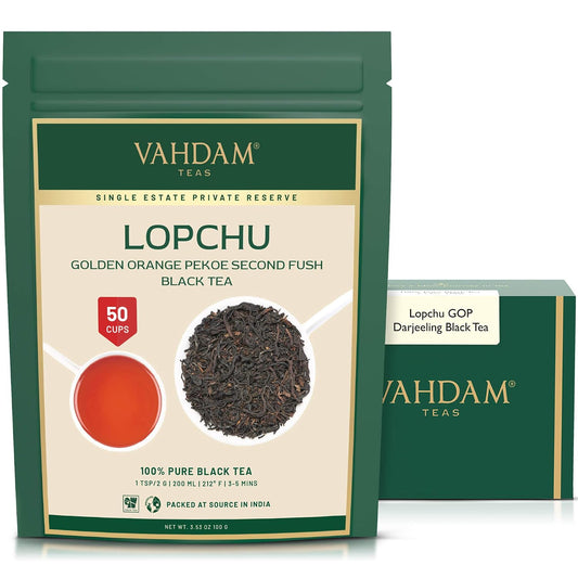 VAHDAM, Second Lopchu Golden Orange Pekoe Black Tea, 40+ cups, 3.53 oz, Pure 100% Unblended Darjeeling Black Tea Loose Leaf, Single Estate Tea