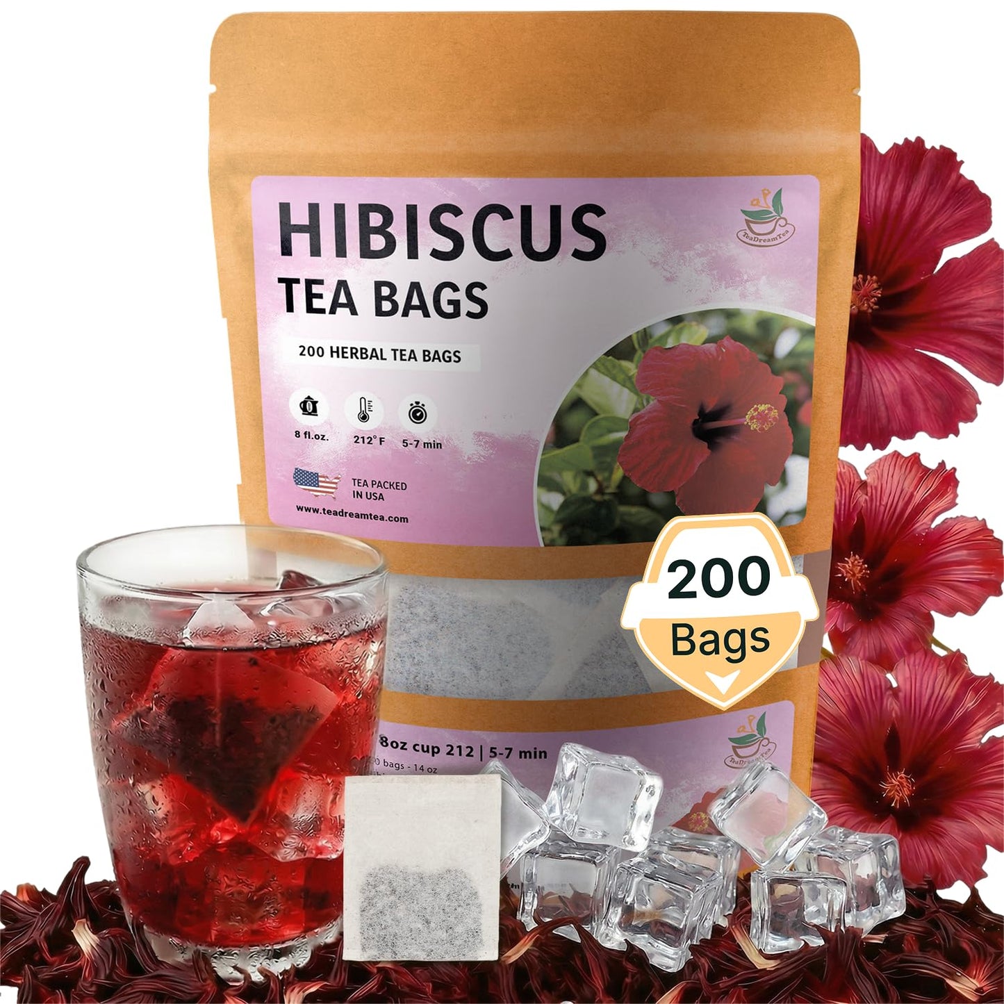 TeaDreamTea Hibiscus Tea Bags 200 Bleach-Free Tea Bags Caffeine Free Dried Hibiscus Flowers Hibiscus Flower Tea Dried Flower Tea Brew Hot or Iced Herbal Hibiscus Tea, 200 Count (Pack of 1)