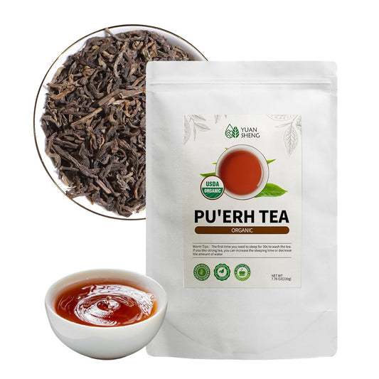 YUANSHENG Pu erh Tea Organic Loose Leaf, Chinese Yunnan Aged Fermented Black Tea, USDA Organic Ripe Puerh Tea, Rich Antioxidants, Deep Earthy Flavor, Digestive Health &amp; Wellness Tea, 7.76 Oz