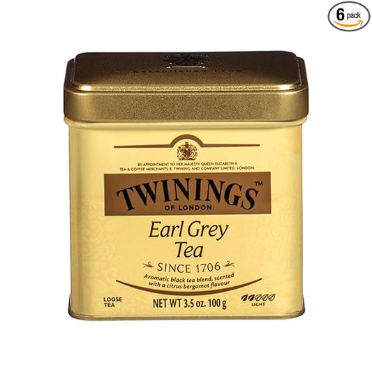 Twinings Earl Grey Loose Black Tea Tins, 3.53 Ounce Tins (Pack of 6), Flavoured with Citrus and Bergamot, Caffeinated, Enjoy Hot or Iced