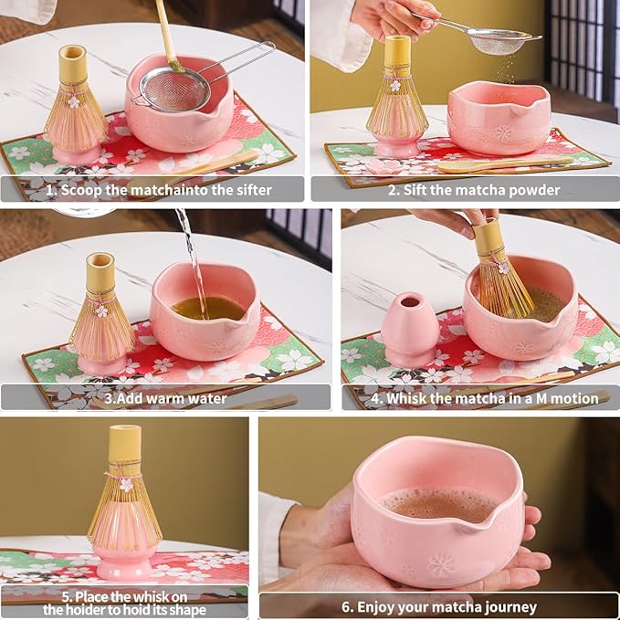Handcrafted Matcha Bowl Set 8pc - Japanese Style Ceramic Chawan Tea Cups with Floral Art & Wavy Rim | Complete Matcha Tea Ceremony Kit in Premium Gift Box (pink)