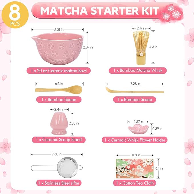 8 PCS Matcha Whisk Set Cute cute matcha bowl and Bamboo whisk set Ceremonical Matcha Making Kit Ceramic Whisk Holder Stand, Sifter, Scoop Japanese Tea Tools For Ceremony Gift-Pink