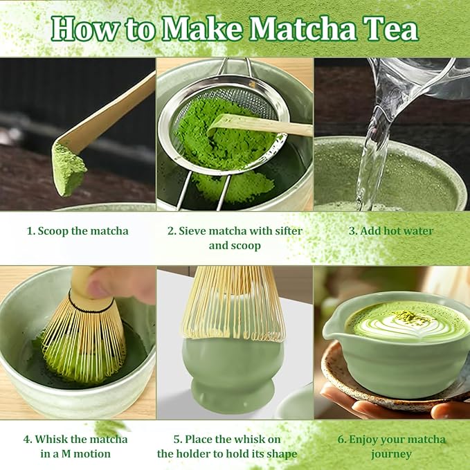 Ceramic Matcha Set Includes 17 OZ Matcha Bowl with Spout, Matcha Whisk Holder, Bamboo Whisk and Scoop, Stainless Steel Sifter - 5 Pcs Green Matcha Kit for Matcha Tea Ceremony, Gift for Matcha Lovers