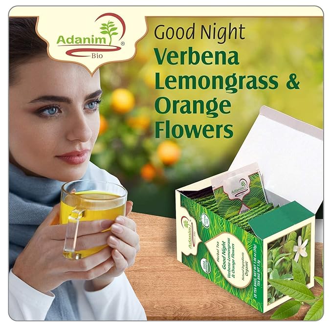 Adanim Bio Good Night Lemon Verbena Tea Lemongrass Herbal Tea Orange Flowers 1.5g x 80 Individually Wrapped Tea Bags Premium USDA Organic Caffeine Free Wellness Tea Relax Natural Ingredients for Sleep