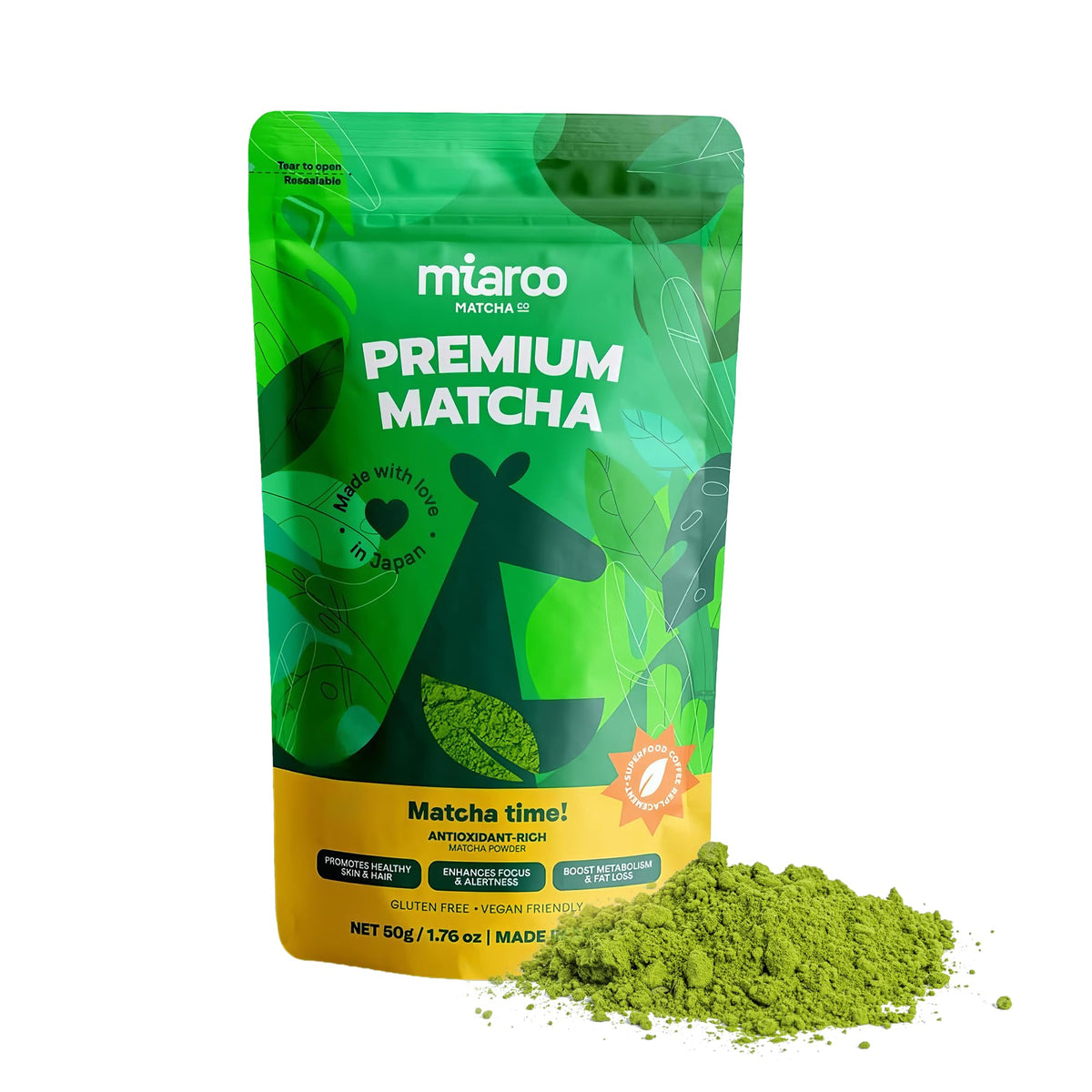 Miaroo Ceremonial Grade Matcha Powder, 50g/1.76oz | Authentic Japanese Green Tea Powder, Unsweetened, Smooth Umami Flavor