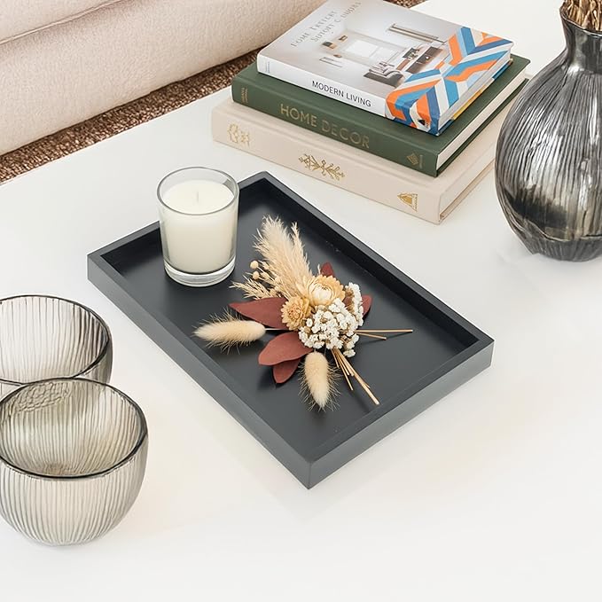Bam & Boo Natural Bamboo Serving Tray Modern Rectangular (Black, 13” x 9" x 1.2") for Food, Drinks, Decor, Vanity in Home, Kitchen, Bathroom, Coffee Table, Bed