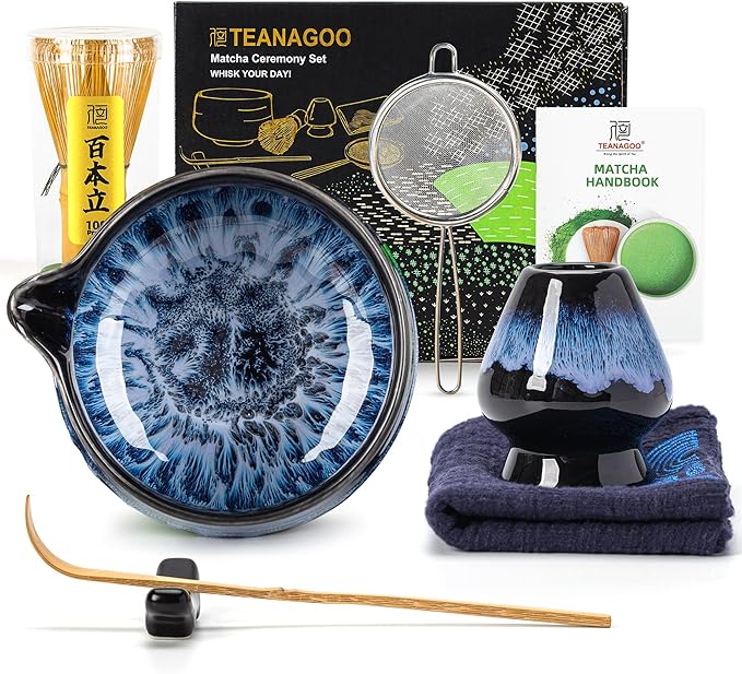 TEANAGOO 7 Pcs Matcha Whisk Set,Matcha Set for Ceremony,Matcha Kit Junware-Blue,Matcha Tea Set for Making Breakfast/Latte,Ceramic Bowl(chawan) whith Spout and Whisk,Gift for Matcha Lover