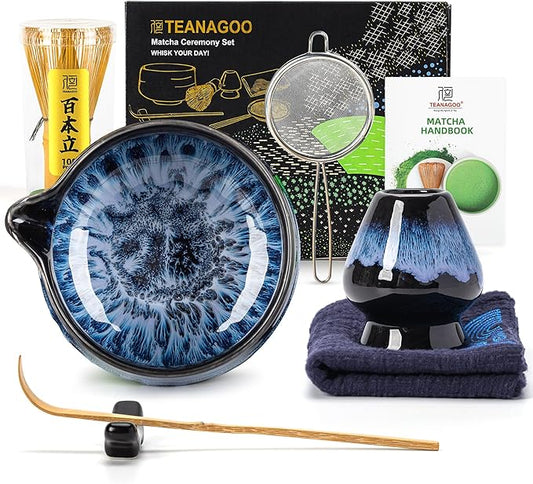 Teanagoo 7 Pcs Matcha Whisk Set,Matcha Set for Ceremony,Matcha Kit Junware-Blue,Matcha Tea Set for Making Breakfast/Latte