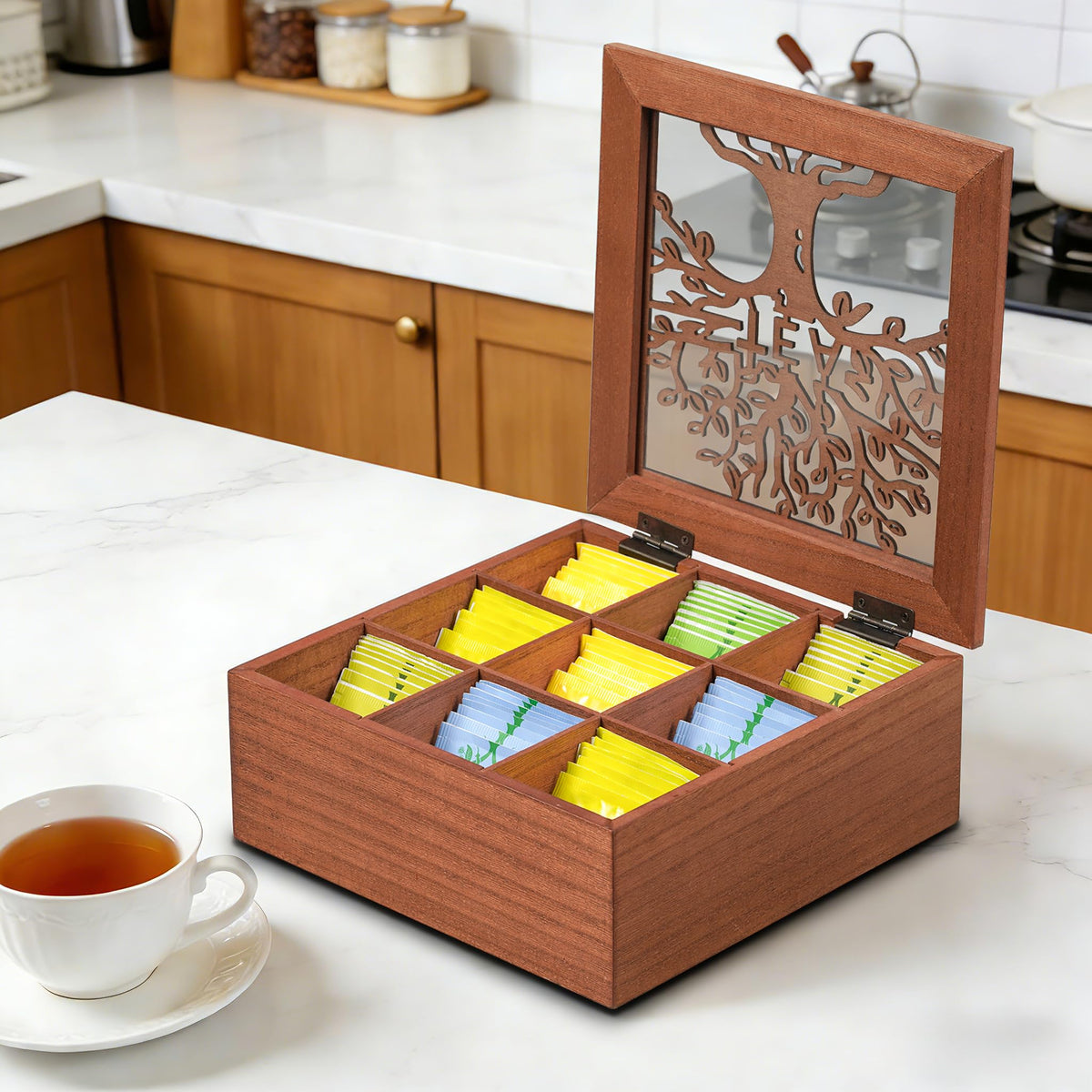 handrong Wood Tea Box Organizer,Tea Organizer and Storage with Tree Pattern