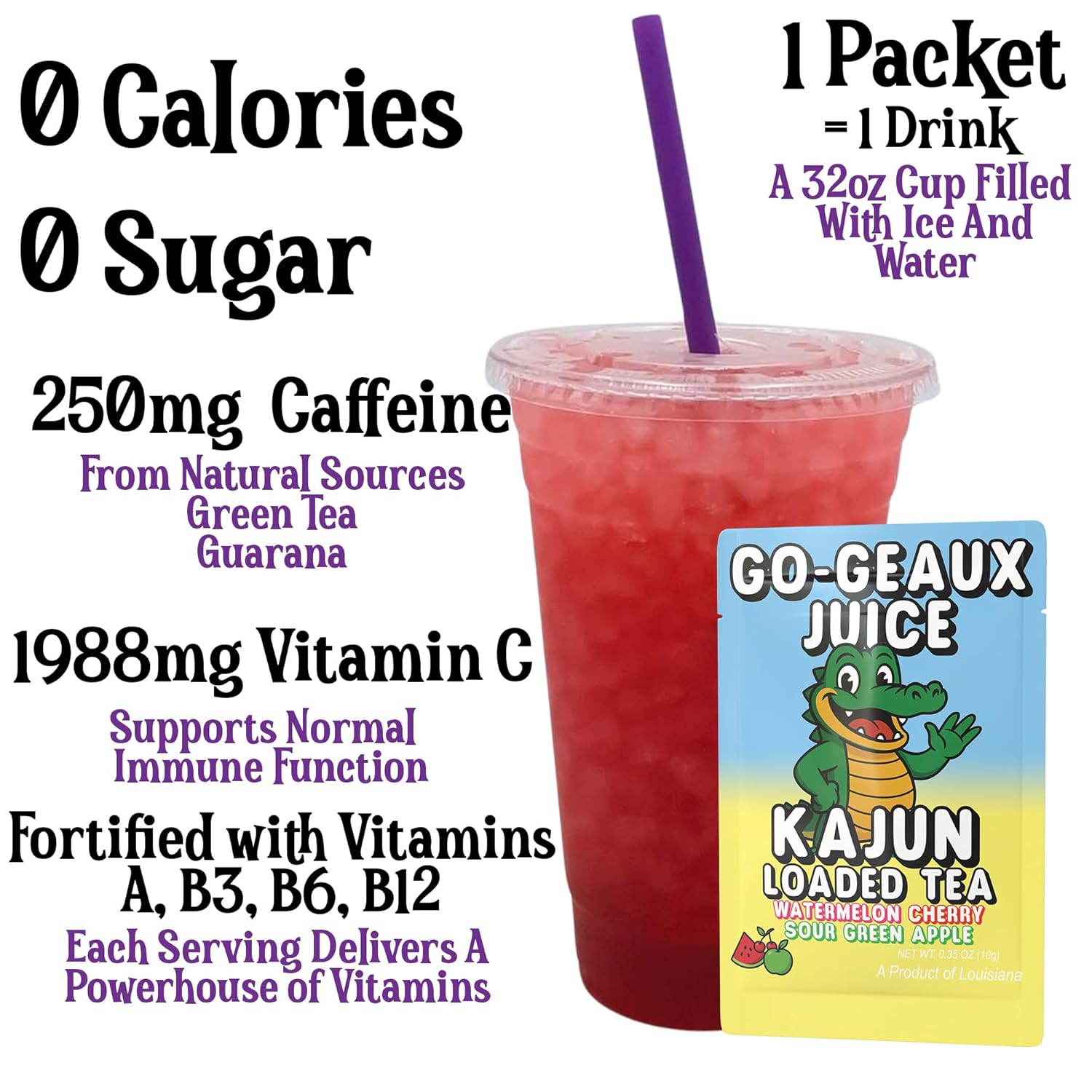 Kajun Loaded Tea – Go-Geaux Juice | Watermelon + Cherry + Sour Green Apple Flavor | Sugar Free Energy Tea Powder | 250mg Green Tea Caffeine | Zero Calories | Keto Friendly