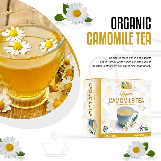 True Organic Premium Chamomile Tea, 100 Count Tea Bags, USDA Organic & Kosher Certified, 100 Envelop Organic Chamomile Tea Bags for Your Home & Cafe.