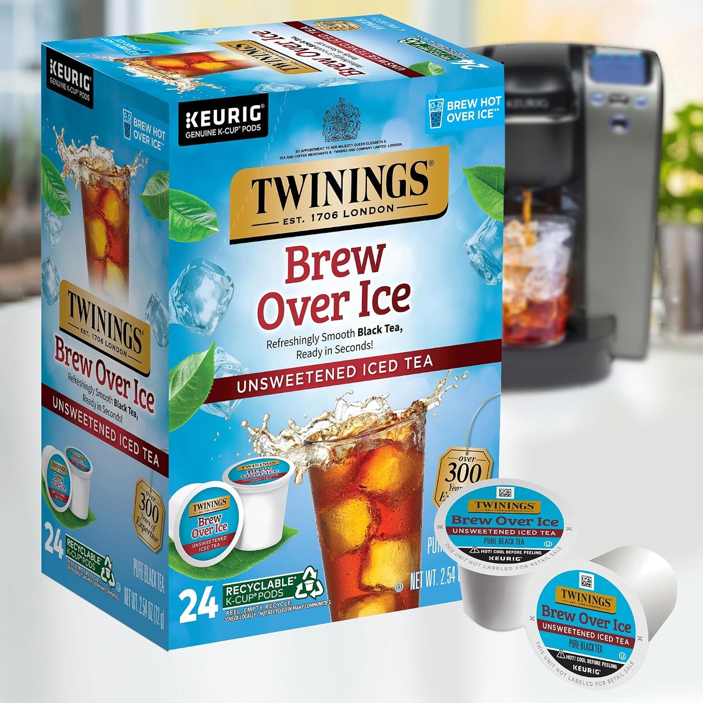Twinings Brew Over Ice Unsweetened Black Iced Tea K-Cups 24 CT Box (1 Pack) | Refreshing, Smooth, Pure Black Tea, Naturally Caffeinated, 24 Keurig Pods for Single Serve Brewers, Fresh Iced Tea in Seconds