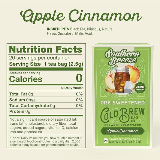 Southern Breeze Cold Brew Sweet Tea Apple Cinnamon Iced Tea with Black Tea and Zero Carbs Zero Sugar, 20 Individually Wrapped Tea Bags Pack of 4