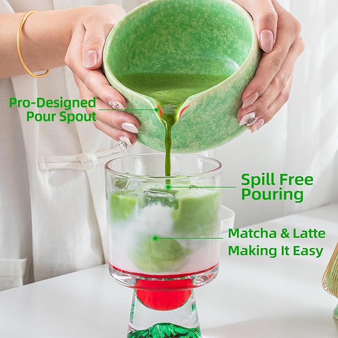 Teanagoo Matcha Whisk Set,7 Pcs Matcha Set Green,Ceremony Matcha Kit,Matcha Tea Set for Making Latte,Ceramic Bowl(chawan) whith Spout and Whisk