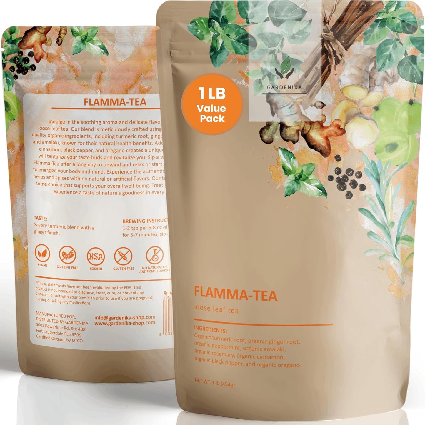 Gardenika Organic Flamma-tea Loose Leaf Turmeric Ginger Tea | with Cinnamon &amp; Pepper | 100% Natural | Caffeine Free | Herbal Wellness Tea | Premium Blend | 1 lb (454g)