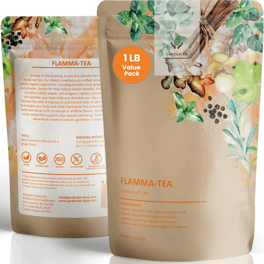 Gardenika Organic Flamma-tea Loose Leaf Turmeric Ginger Tea | with Cinnamon &amp; Pepper | 100% Natural | Caffeine Free | Herbal Wellness Tea | Premium Blend | 1 lb (454g)