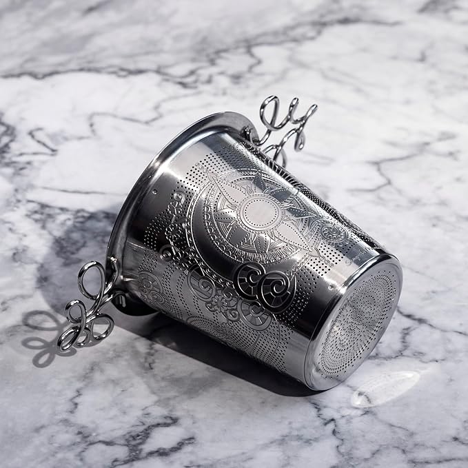 Stainless Steel Tea Infuser Basket - Engraved Floral Strainer with Crystal Chain, Fine Mesh Filter for Loose Leaf Tea, Ergonomic Handle & Gift Box