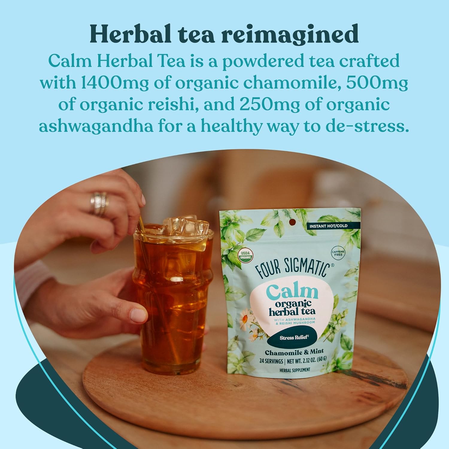 Four Sigmatic Calm Organic Herbal Tea | Stress Relief Tea with Ashwagandha & Reishi | Instant Adaptogenic Drink for Relaxation | Vegan, Gluten-Free | Chamomile & Mint, 24 Servings