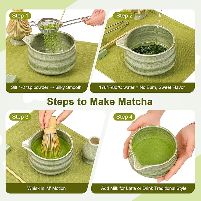 Artisan Ceramic Matcha Set, 7Pcs Japanese Matcha Whisk Kit with Speckled Glaze Bowl, Bamboo Chasen & Sifter